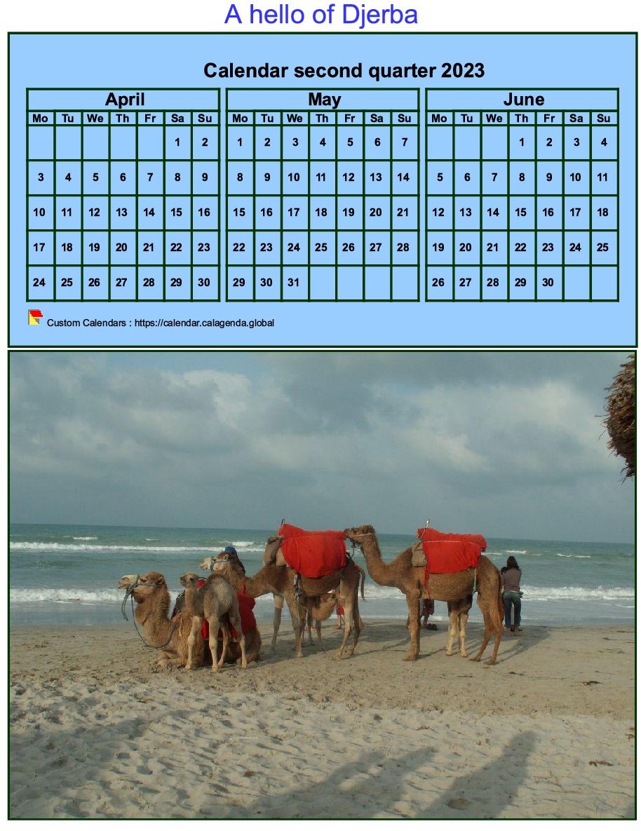 Calendar 2023 to print quarterly, tiny format, blue background, with photo