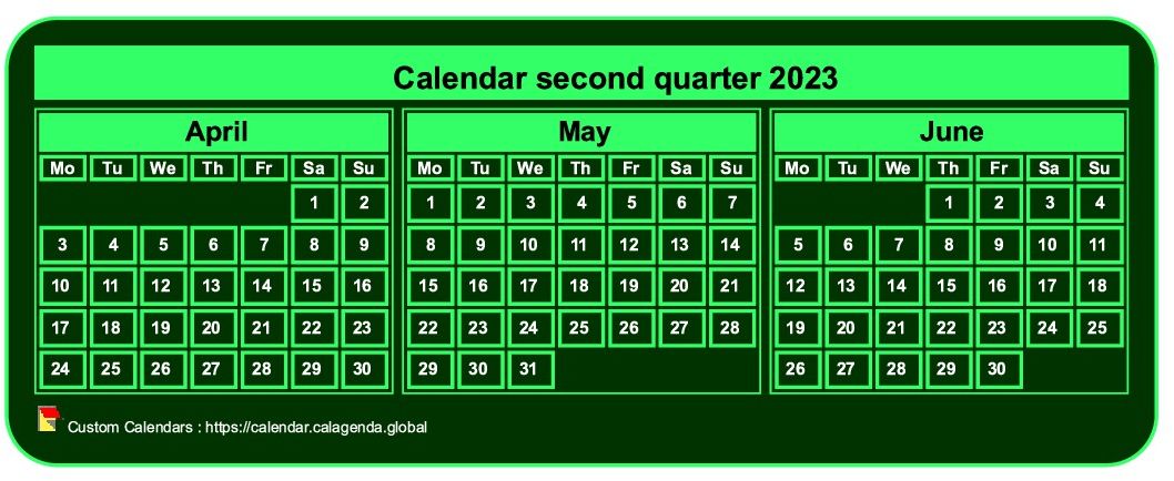Calendar 2023 to print quarterly, tiny pocket format, green background