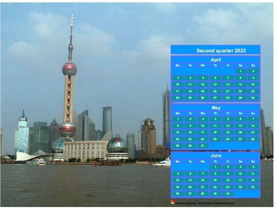 Calendar 2023 to print quarterly, format landscape, above the right part of a photo (Shangaï).
