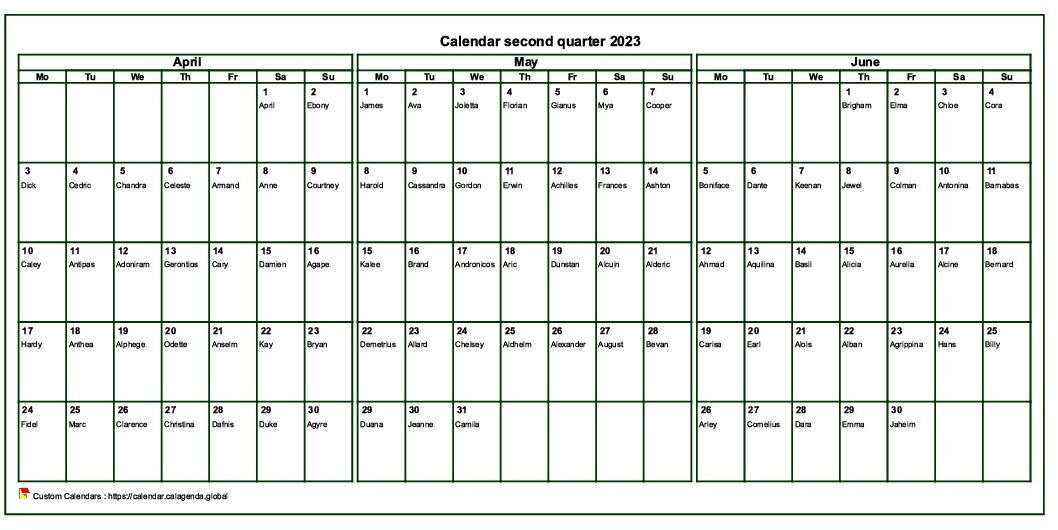 Calendar 2023 to print quarterly, format landscape