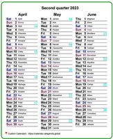 2023 quarterly style calendar in columns