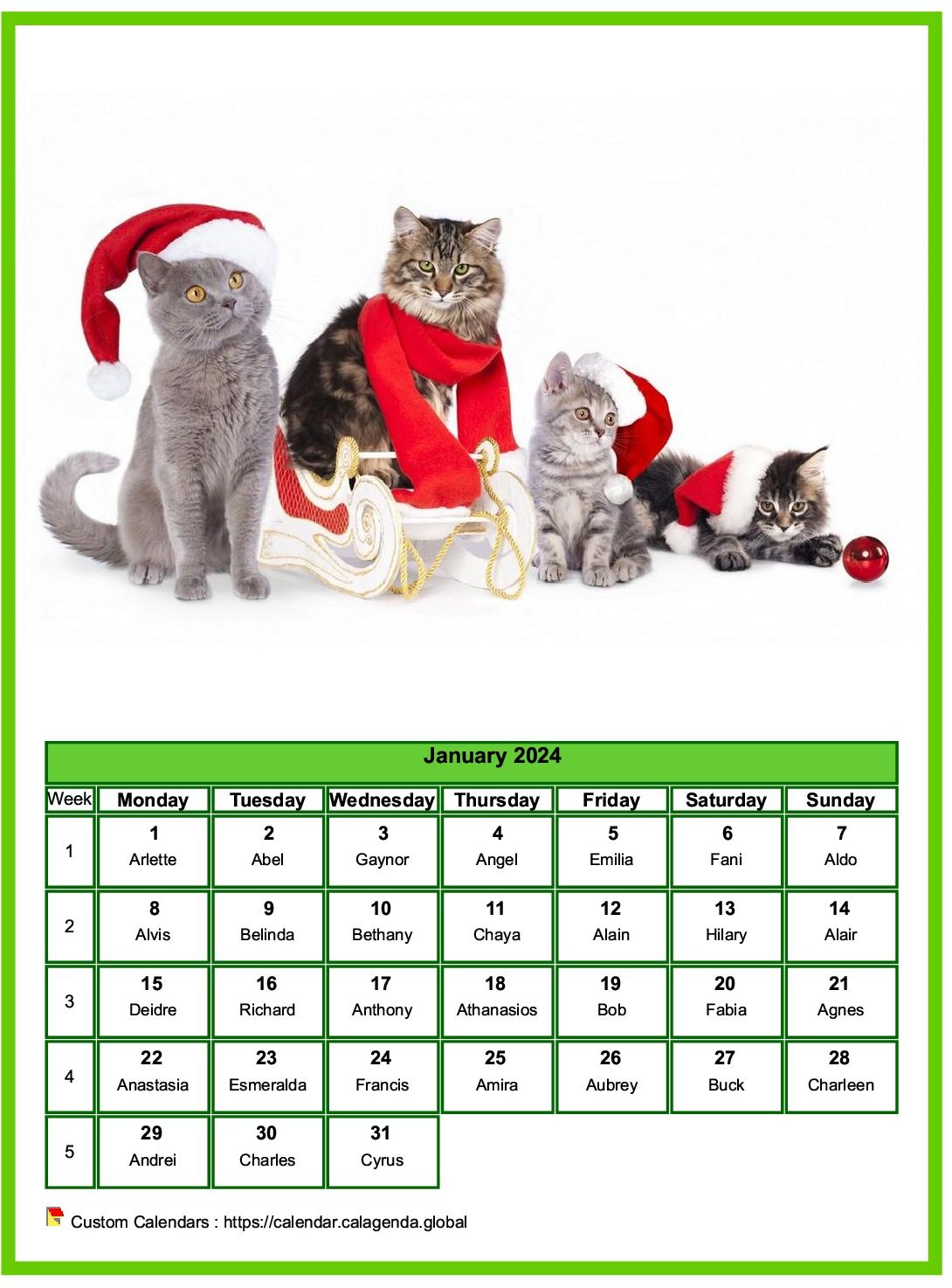 Calendar january 2024 cats