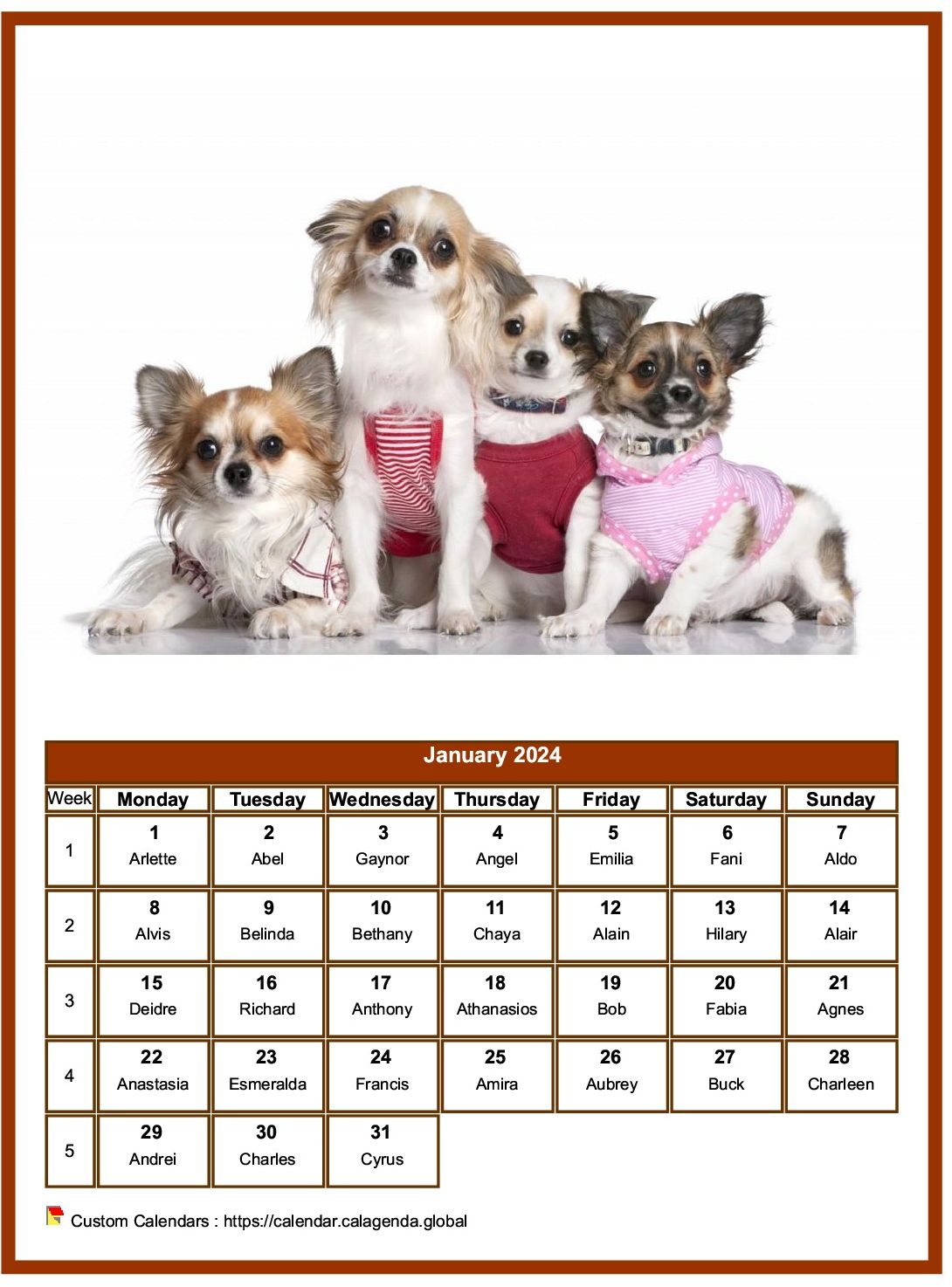 Calendar January 2024 dogs