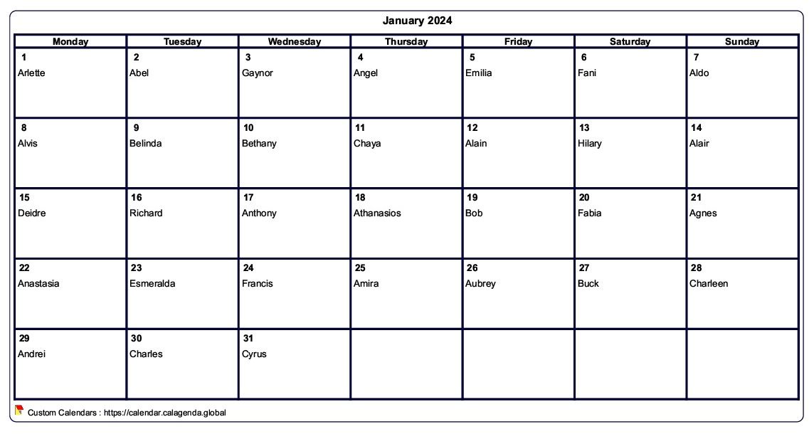 Calendar January 2024 to print blank