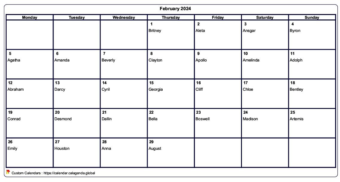 Calendar February 2024 to print blank