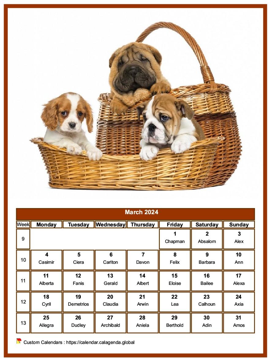 Calendar March 2024 dogs