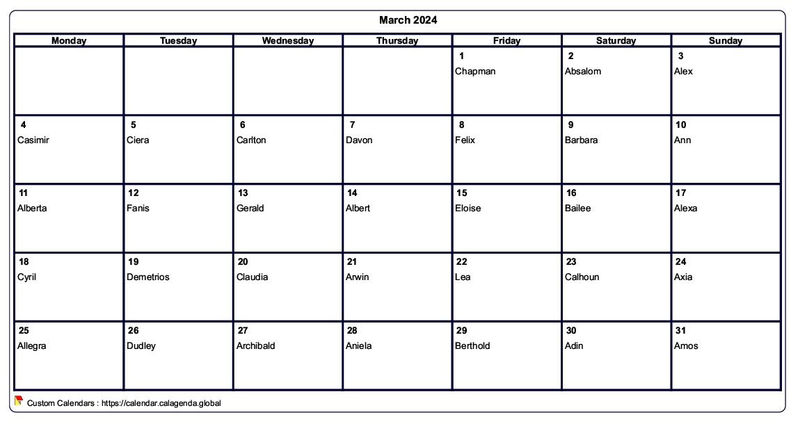 Calendar March 2024 to print blank