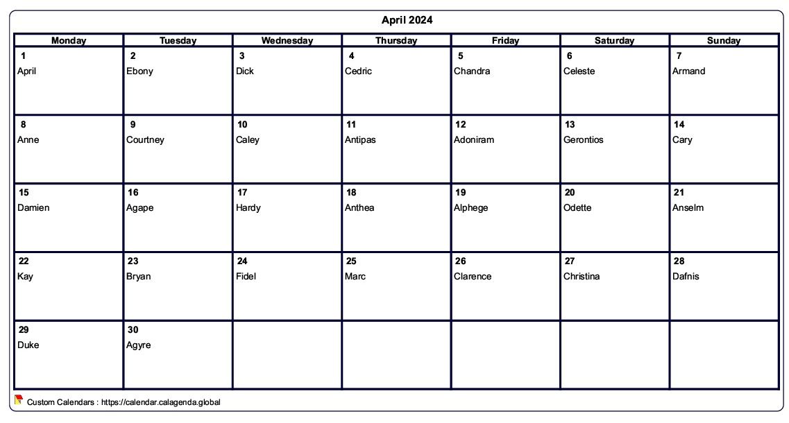 Calendar April 2024 to print blank