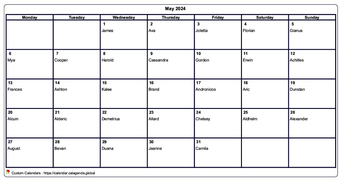 Calendar May 2024 to print blank