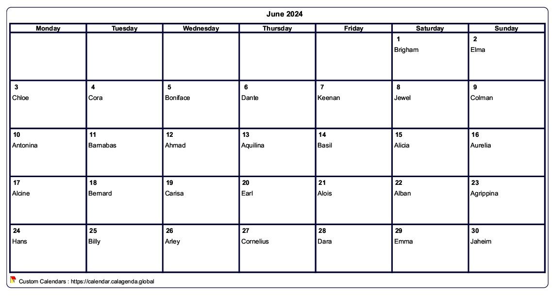 Calendar June 2024 to print blank