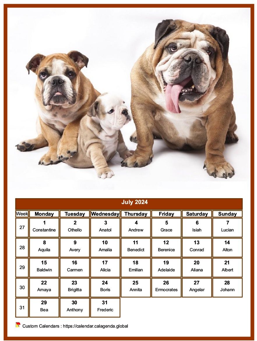 Calendar July 2024 dogs