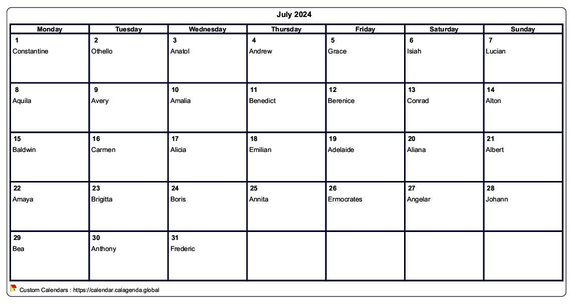 Calendar July 2024 to print blank