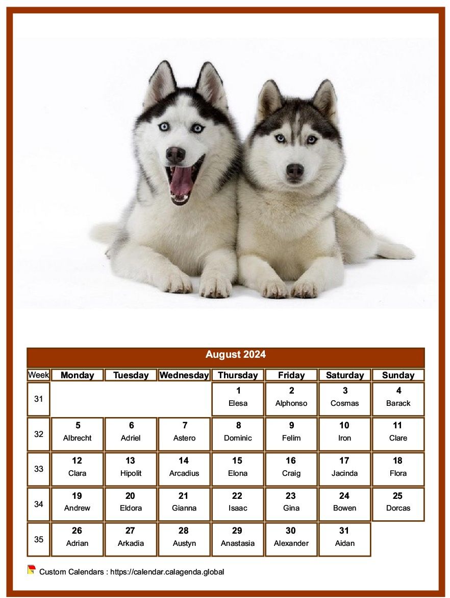 Calendar August 2024 dogs