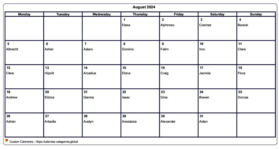 Calendar August 2024 to print blank