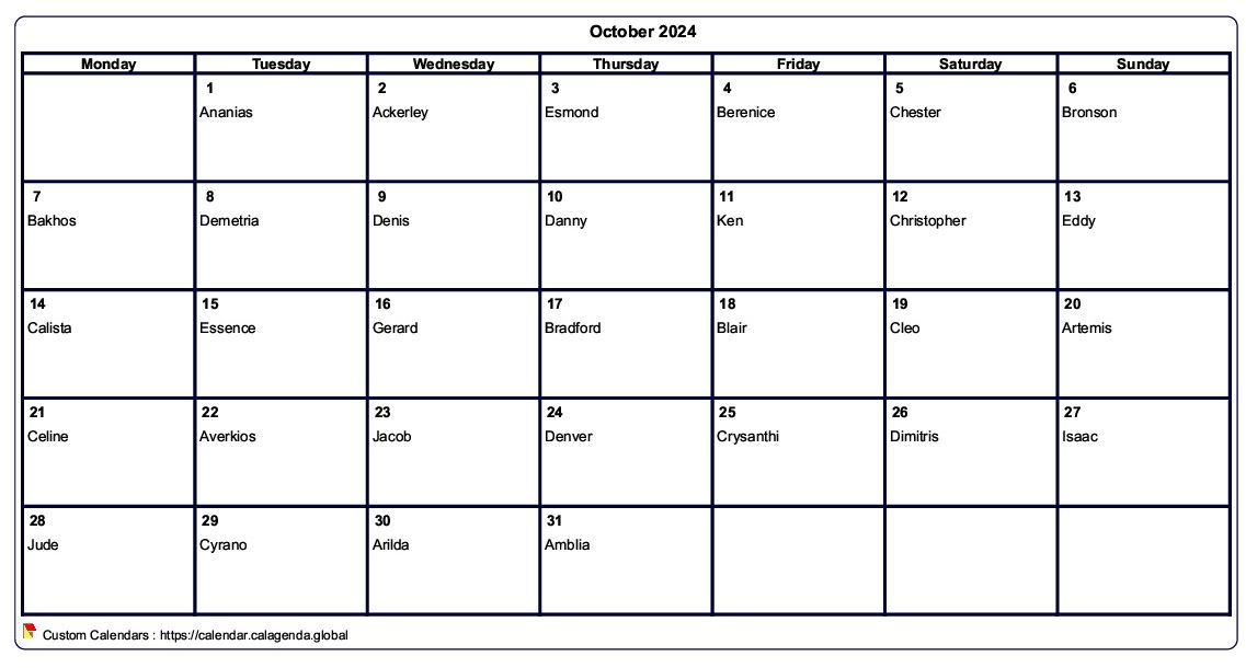 Calendar October 2024 to print blank