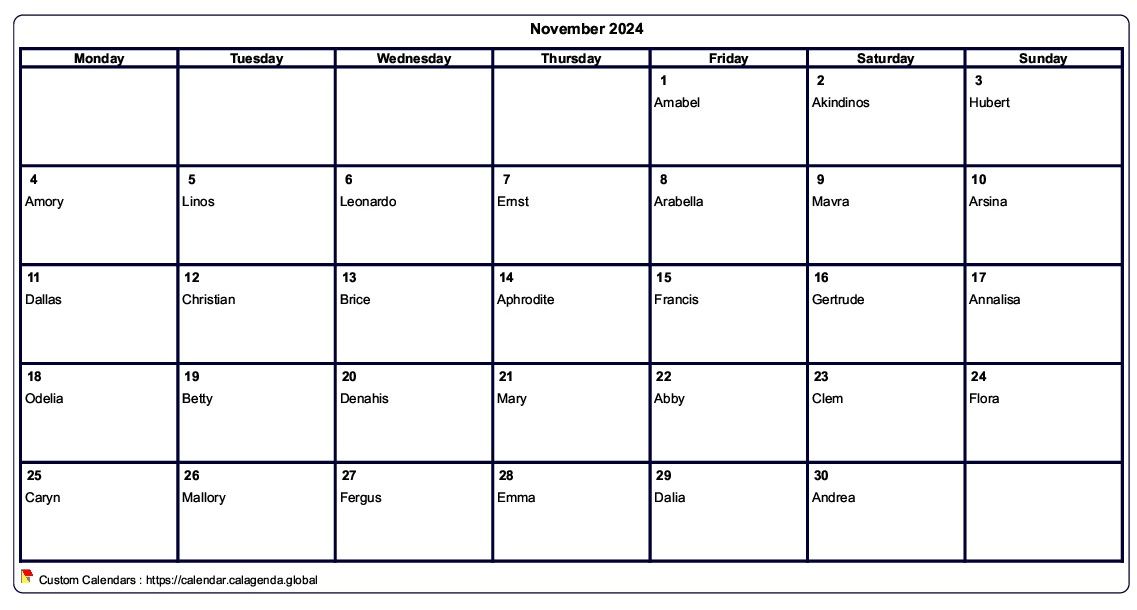 Calendar November 2024 to print blank