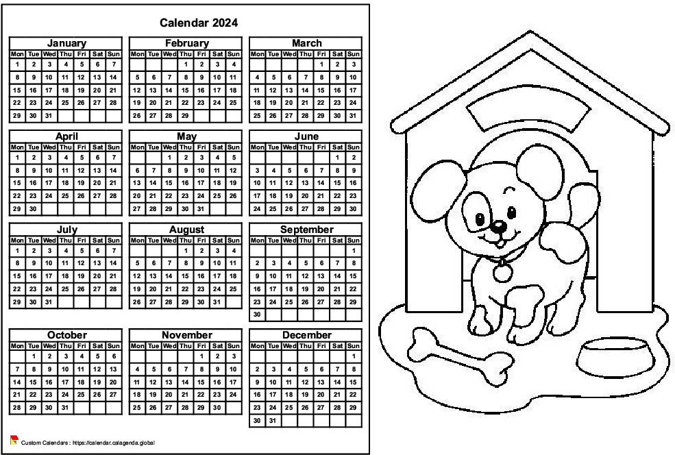 Calendar 2024 to color annual, format landscape, for children