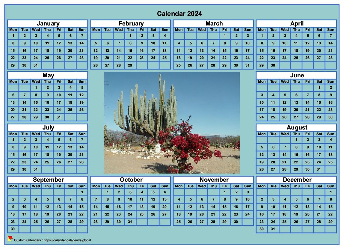 Calendar 2024 photo annual to print, cyan background, format landscape, desk or wall