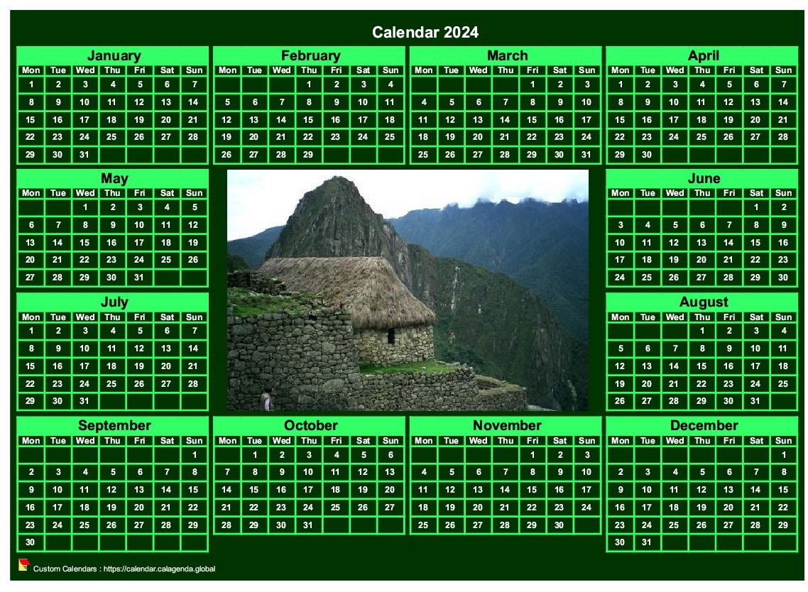 Calendar 2024 photo annual to print landscape, green background, format