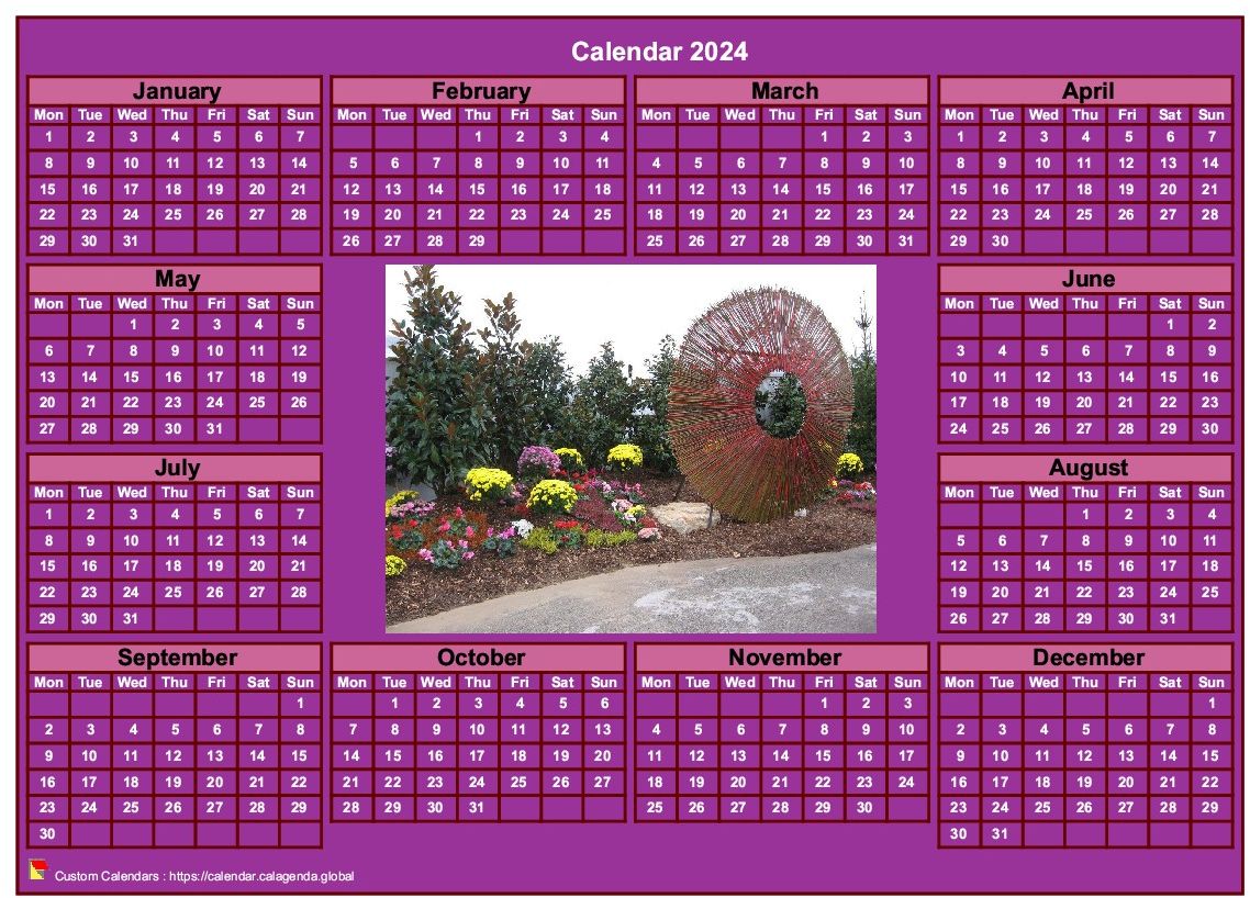 Calendar 2024 photo annual to print, pink background, format landscape, desk or wall
