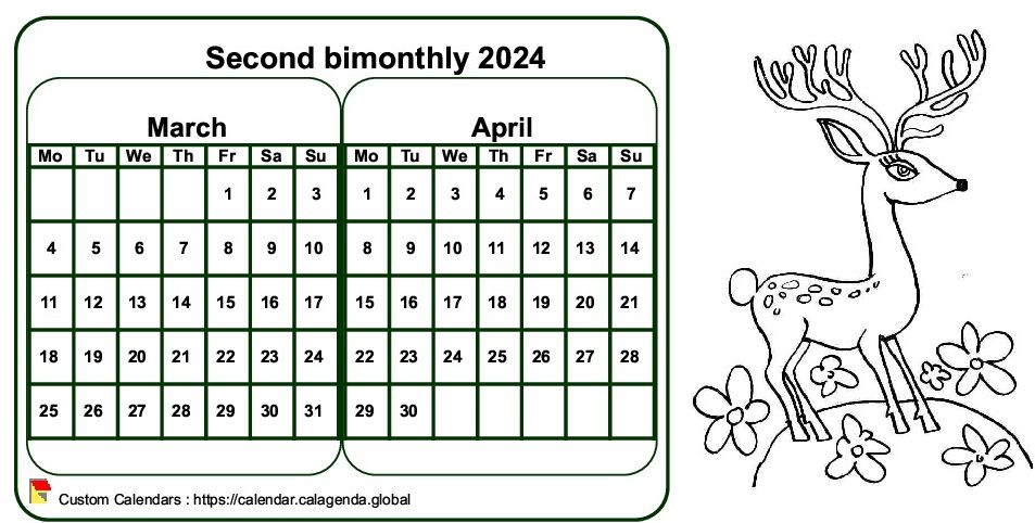 Calendar 2024 to color bimonthly, format landscape, for children