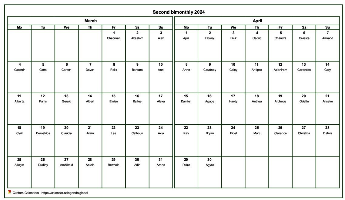 Calendar 2024 bimonthly, format landscape, with names