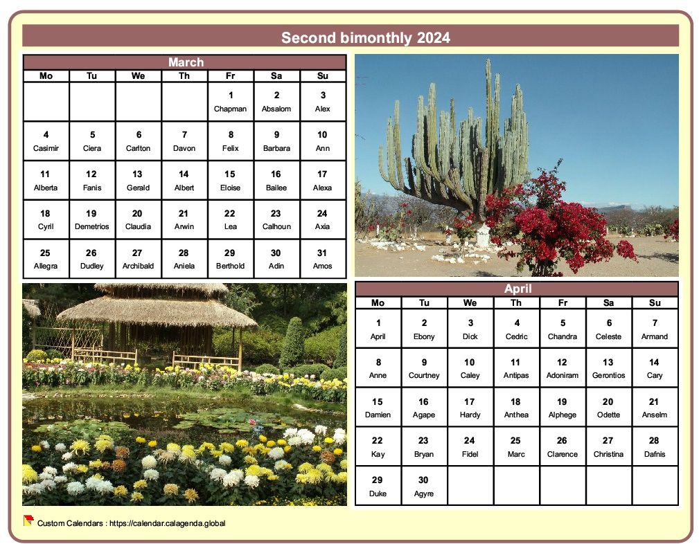 Calendar 2024 bimonthly with a different photo every month