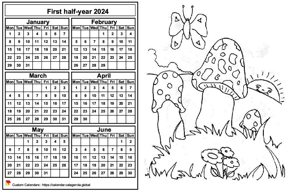 Calendar 2024 to color half-year, format landscape, for children