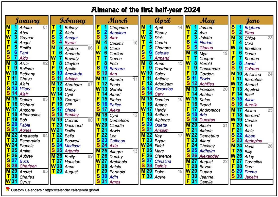 Calendar 2024 half-year six columns of format landscape