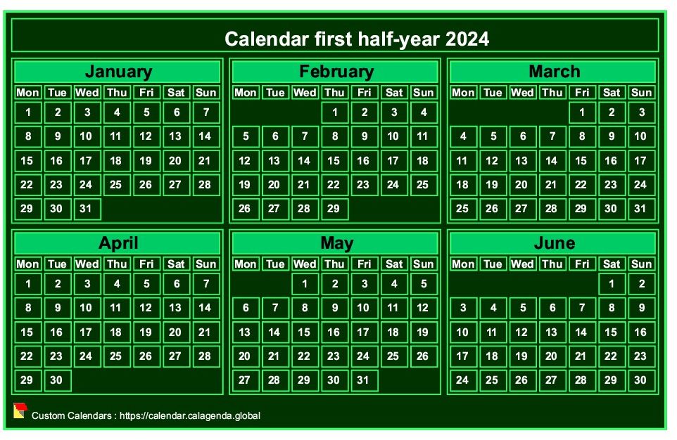 Calendar 2024 to print, half-year, tiny pocket format, green background