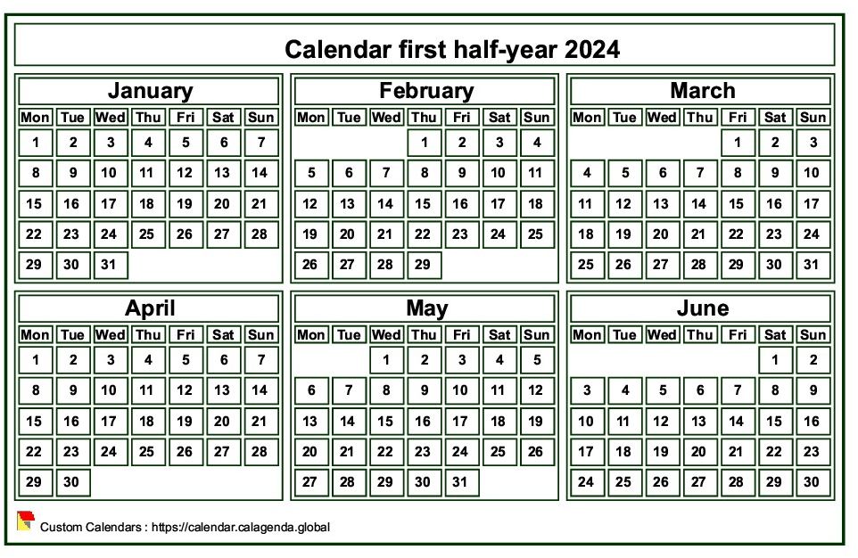 Calendar 2024 to print, half-year, tiny pocket format, white background