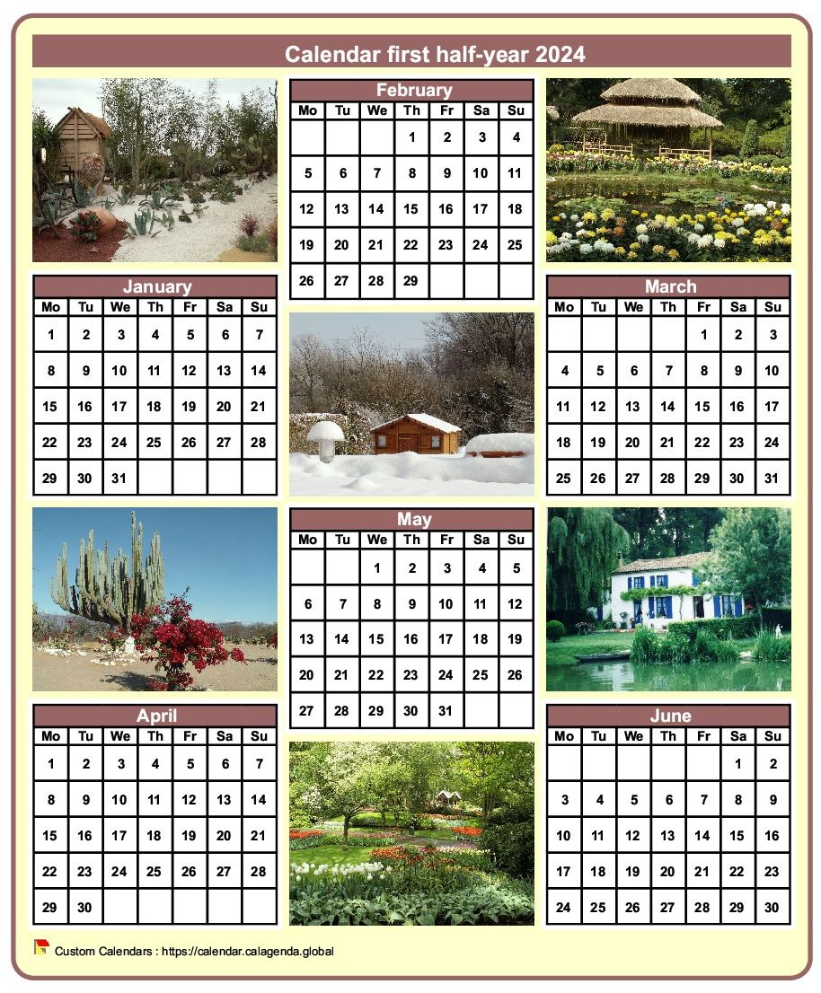 Calendar 2024 half-year with a different photo every month