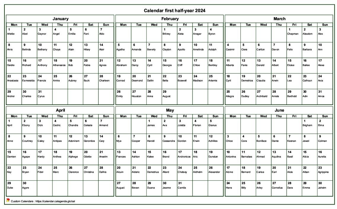 Calendar 2024 to print halfyear, format landscape, calendrier de table