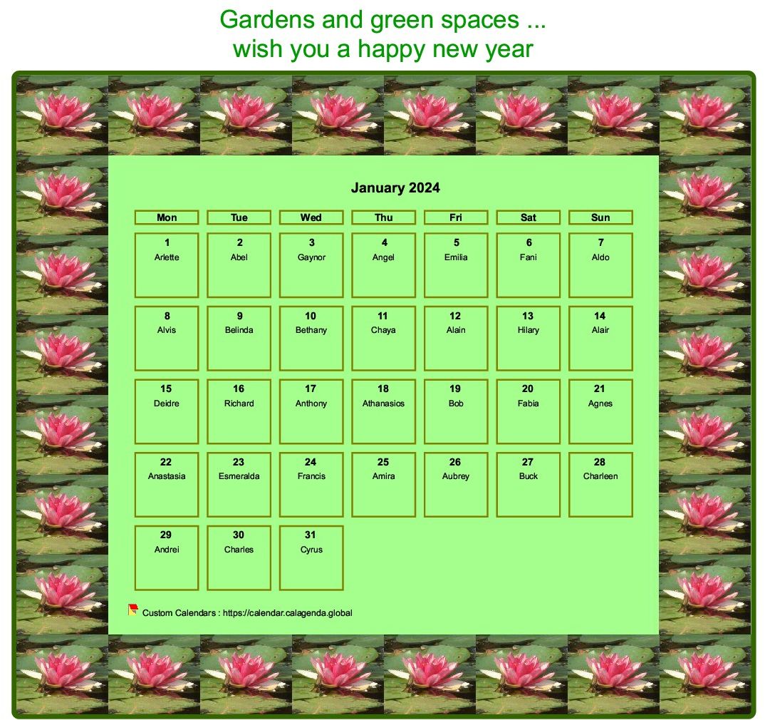 Calendar 2024 decorative agenda monthly, frame with motives waterlilies