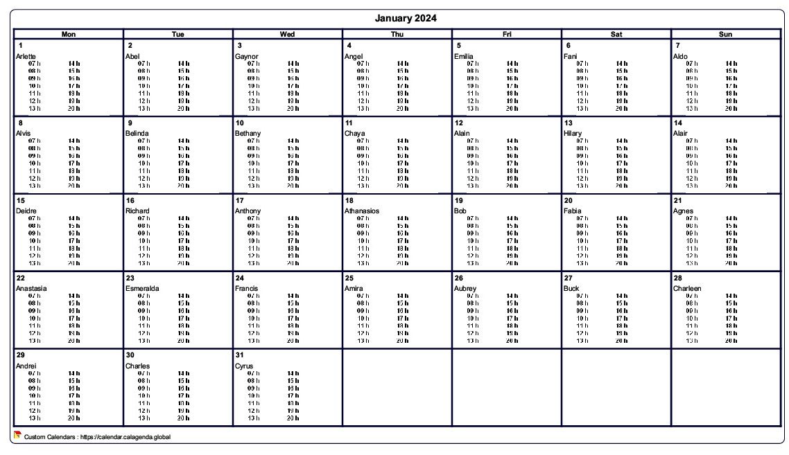 Calendar monthly 2024 to print virgin, with timetables in every box