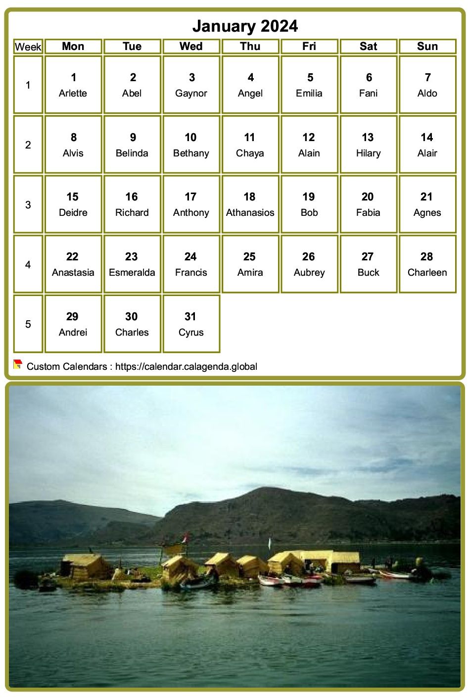 Calendar monthly 2024, table with photo