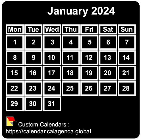 Calendar monthly 2024 to print, black background, tiny size, pocket size, special wallet