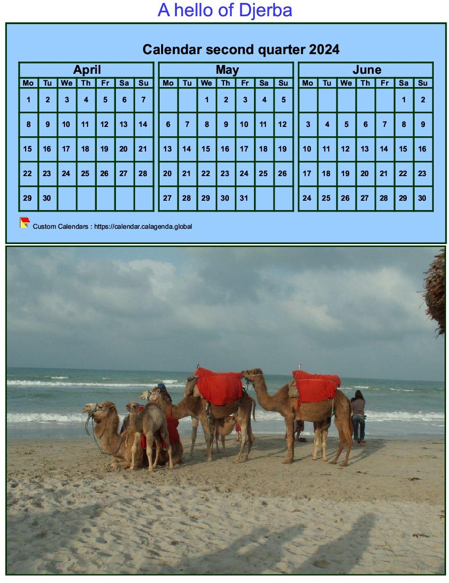 Calendar 2024 to print quarterly, tiny format, blue background, with photo