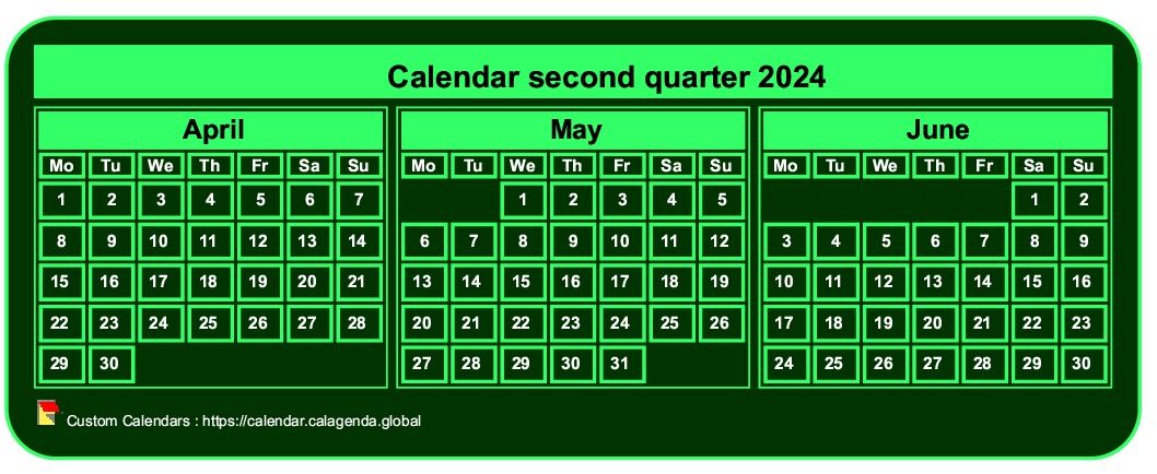 Calendar 2024 to print quarterly, tiny pocket format, green background