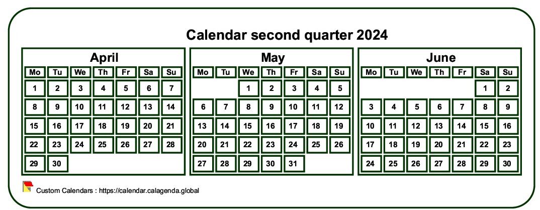 Calendar 2024 to print quarterly, tiny pocket format, white background