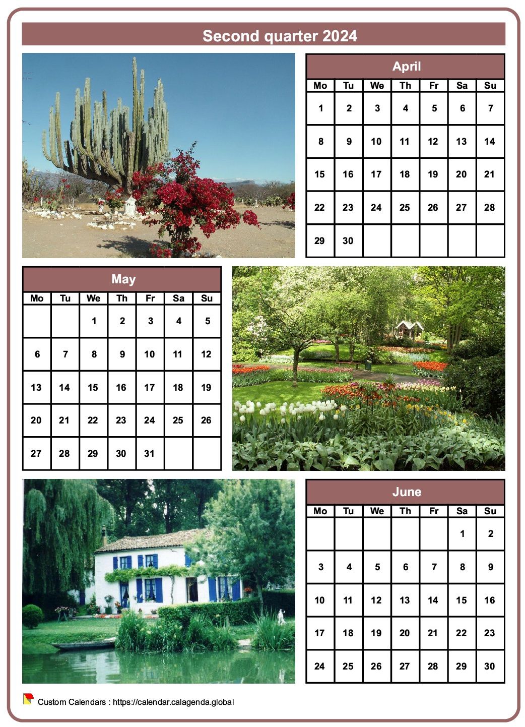 Calendar 2024 quarterly with a different photo every month