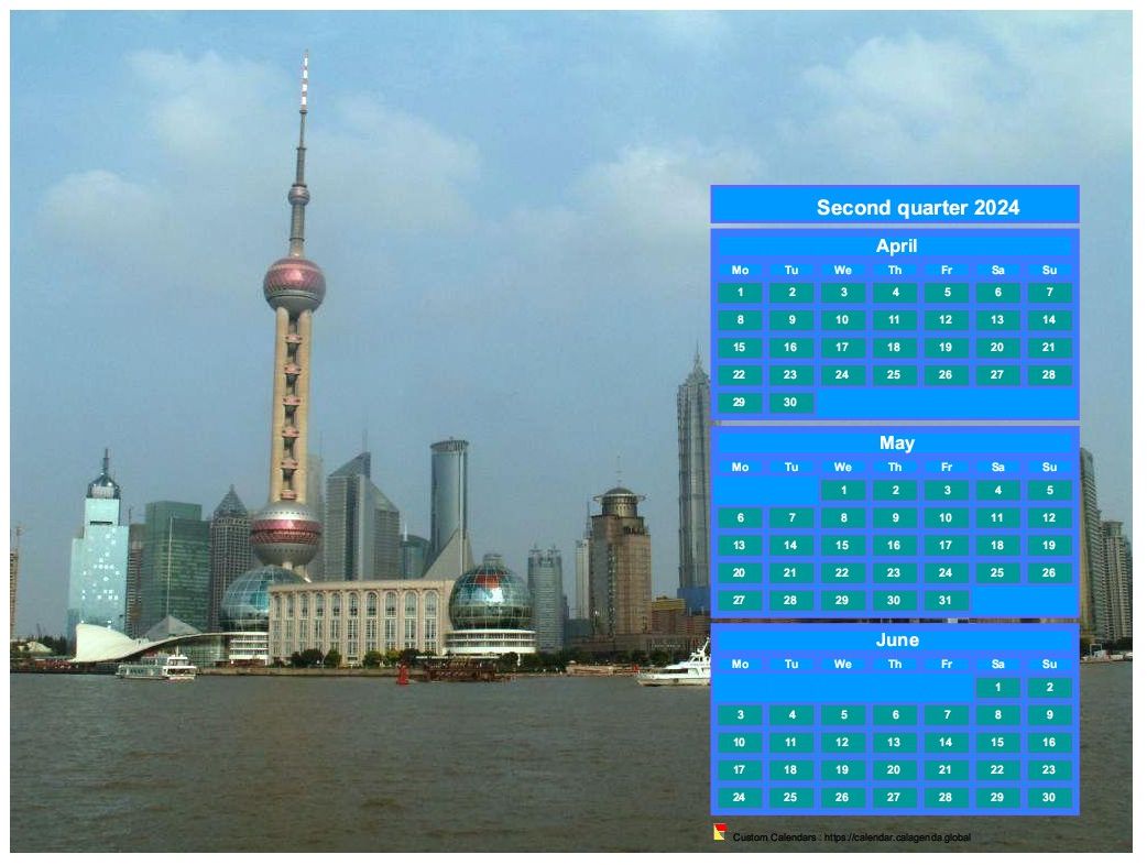 Calendar 2024 to print quarterly, format landscape, above the right part of a photo (Shangaï).