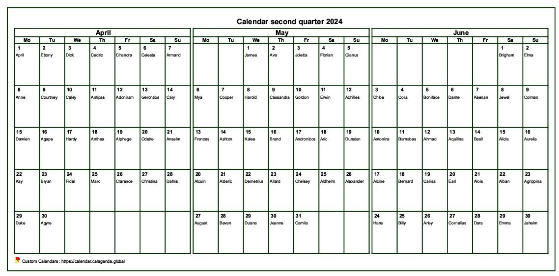 Calendar 2024 to print quarterly, format landscape