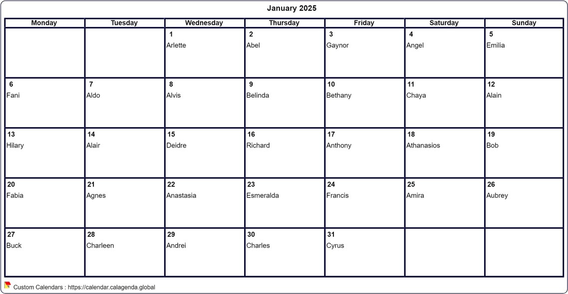 Calendar January 2025 to print blank