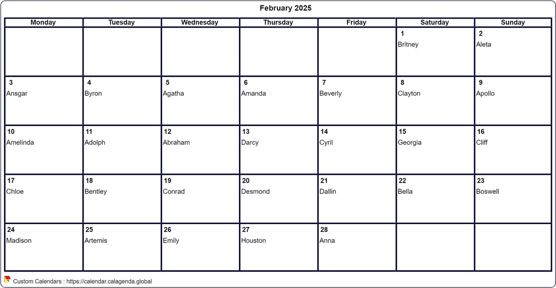 Calendar February 2025 to print blank