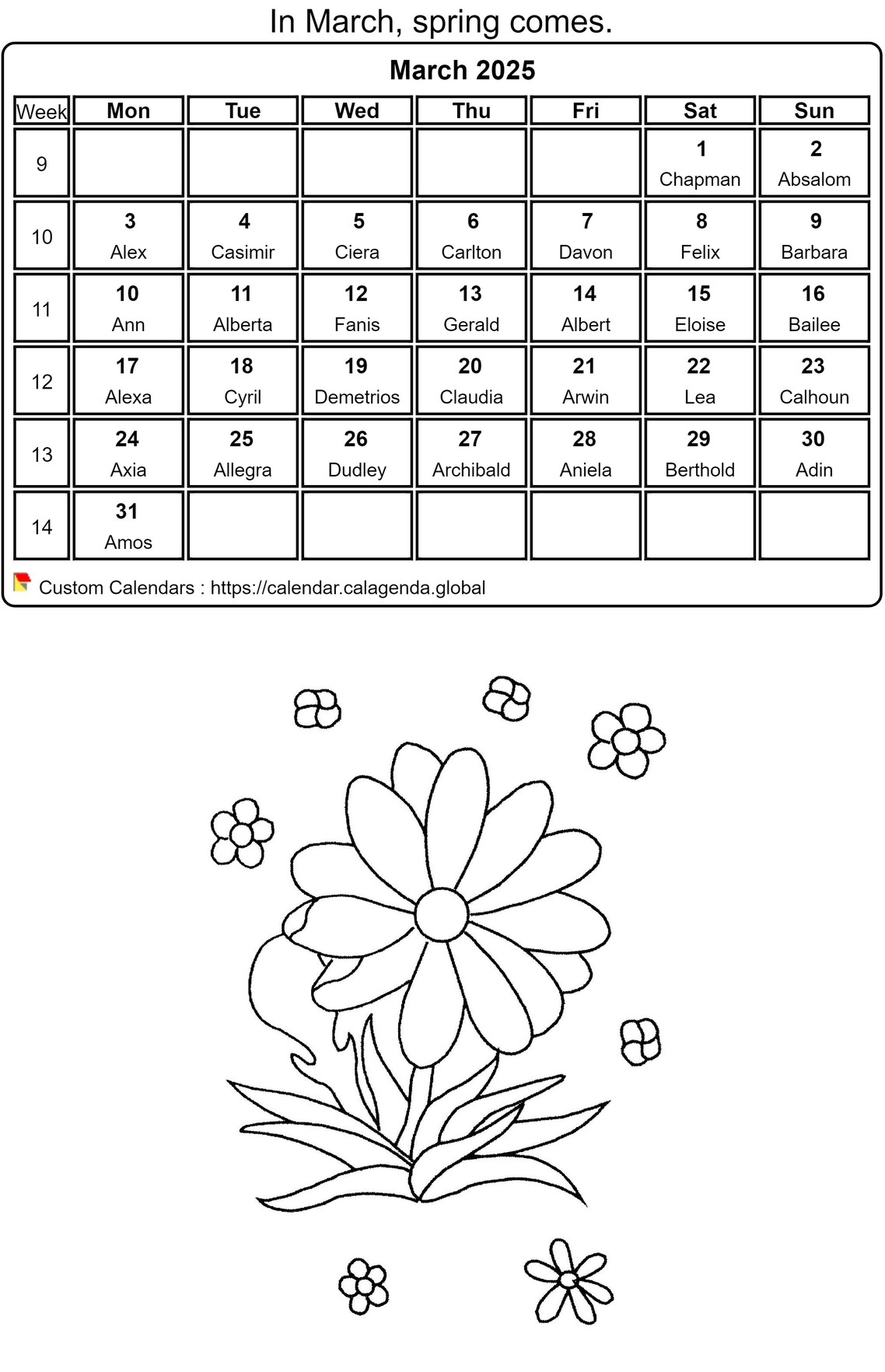 Calendar coloring March 2025 Calendar coloring March 2025