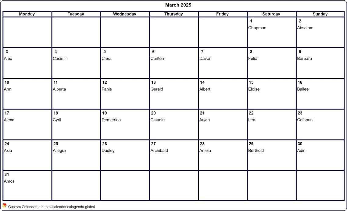 Calendar March 2025 to print blank