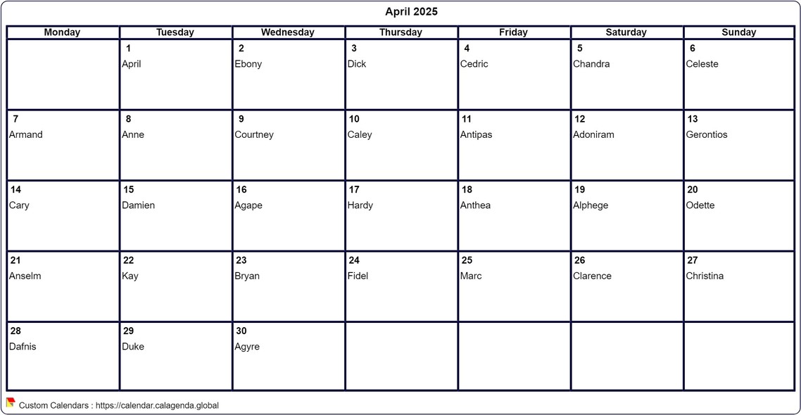 Calendar April 2025 to print blank