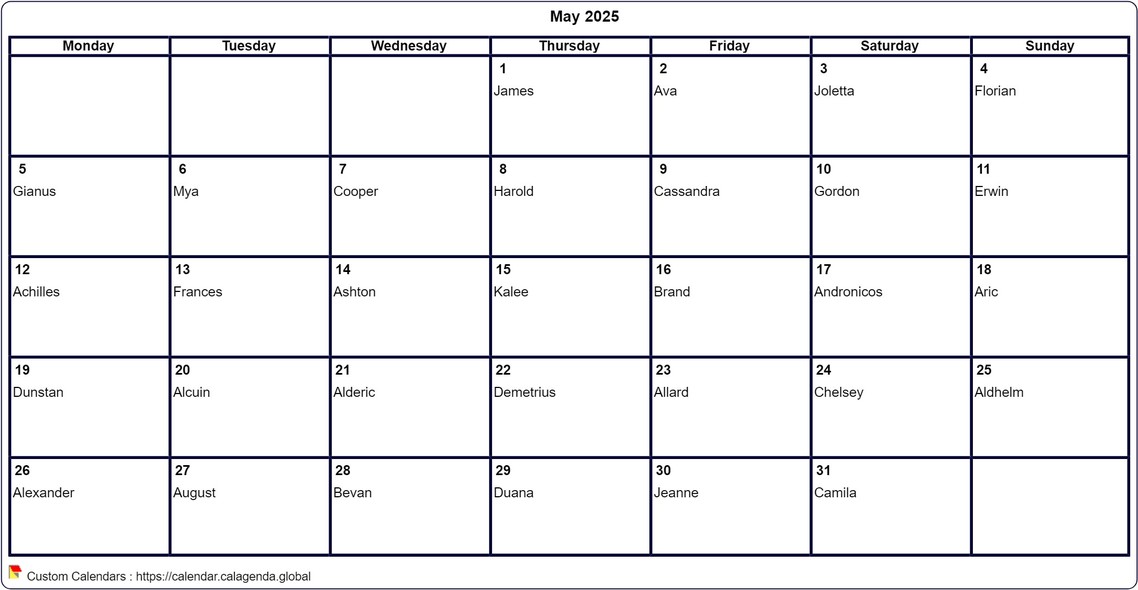 Calendar May 2025 to print blank