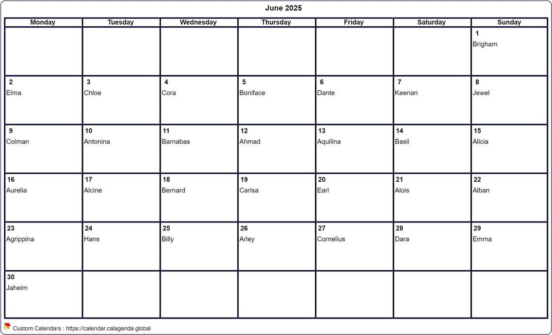 Calendar June 2025 to print blank